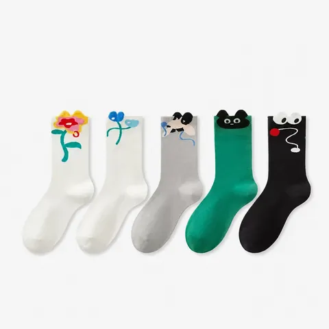 Chaussettes Longues Au-dessus du Genou Broderie Cartoon Mignonne pour Femmes Style Ins Japonais Respirant Polyester Décontracté