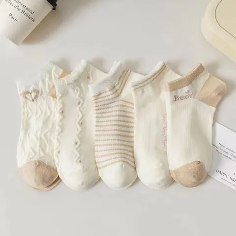 Women's Cute Cartoon Bear Cotton Boat Socks Summer Breathable Low Cut Striped Student Casual Ankle Socks
