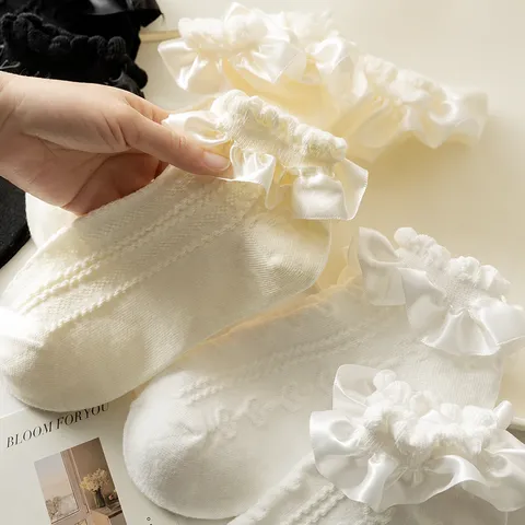 Women's Lolita Sweet Lace Ruffle Short Socks Mesh Breathable Cotton Bowknot Cute Casual Princess Crew Socks