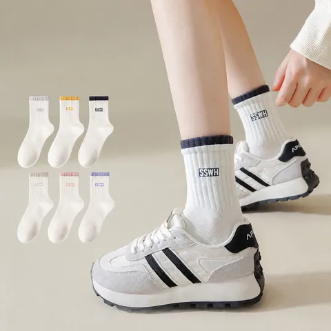 Women Crew Socks Sweat-Absorbent Breathable Cotton Blend Double Ribbed Cuff Solid Color Casual Sport Socks