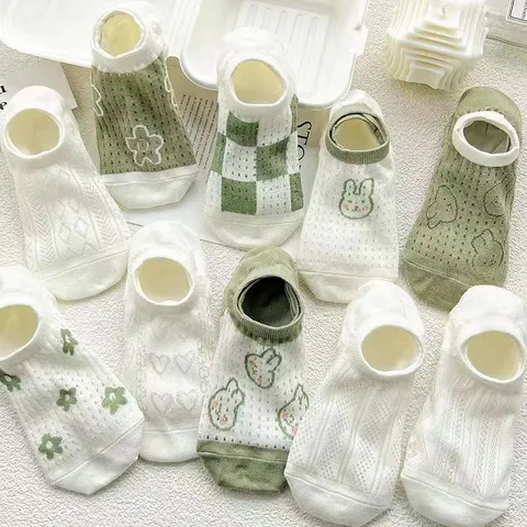 Damen Sommer Dünnes Netz Atmungsaktiv Niedrig Geschnittene Socken Japanisch Süß Stil Farbblock Süß Kaninchen Floral Versteckte Bootssocken
