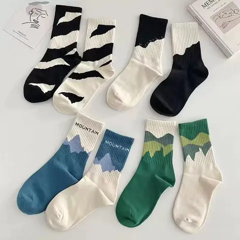 Unisex Ins Style Cotton Crew Socks Zebra Print Mountain Pattern Casual Breathable Sweat Absorbent Couple Socks