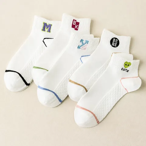 Women's Summer Thin Mesh Breathable Short Socks Cotton Blend Solid Color Cute Embroidery Casual Ankle Socks