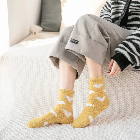 Women Winter Warm Coral Fleece Socks Cute Heart Pattern Thickened Slipper Socks Soft Cozy Sleep Thermal Hosiery