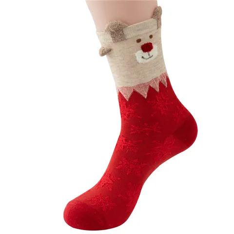 Women Christmas Cotton Mid-Tube Socks Cute Cartoon Bear Elk Snowflake Pattern Winter Warm Casual Socks