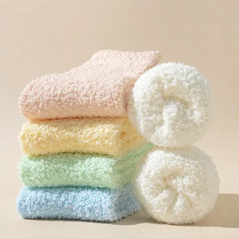 Women Winter Warm Coral Fleece Sleep Socks Fluffy Soft Thickened Floor Socks Solid Color Home Sleep Socks
