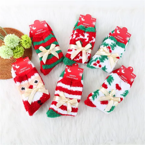 Women's Thickened Coral Fleece Christmas Socks Cute Bowknot Elk Santa Winter Warm Floor Socks Home Sleep Socks
