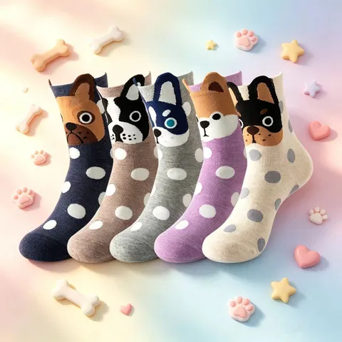Women Cartoon Cat Dog Print Mid Calf Cotton Socks Casual Animal Pattern Breathable Soft Daily Crew Socks
