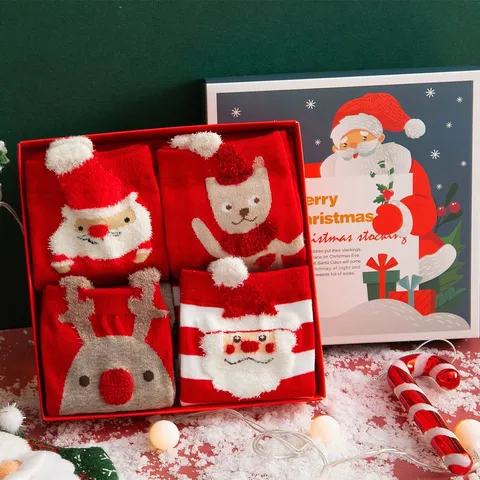 Women's Christmas Gift Box Cartoon Mid Tube Socks Cute Santa Claus Elk Winter Warm Cotton Blend Socks
