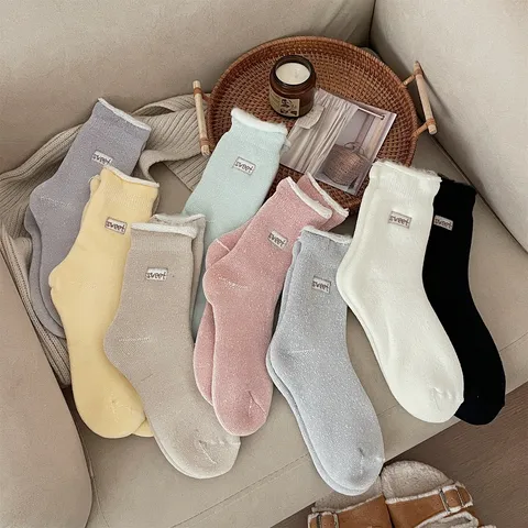 Damen Winter Verdickt Thermische Schneesocken Warm Fleece Gefüttert Mittelhohe Bodensocken Casual Einfarbig Kaltes Wetter