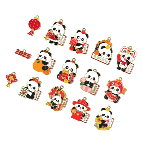 Chinese Stijl Cartoon Panda Nieuwjaarszegen Rode Lantaarn Geëmailleerde Legering DIY Sieraden Accessoires Sleutelhanger Hanger