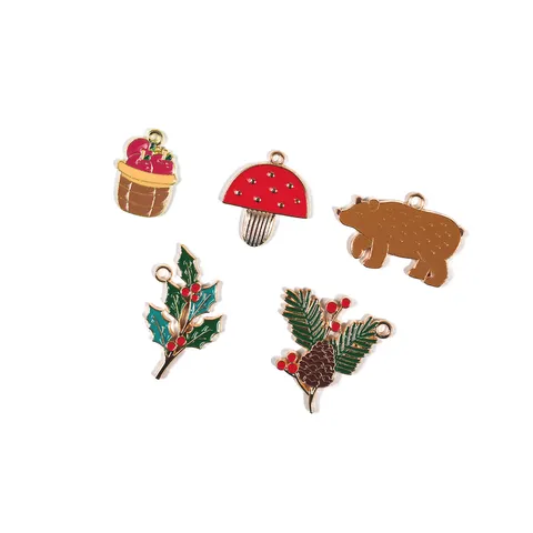 Zinklegering Emaille DIY Hanger Charms Fruitmand Paddenstoel Beer Hulstblad Dennenappel Voor Armband Sleutelhanger Sieraden Maken