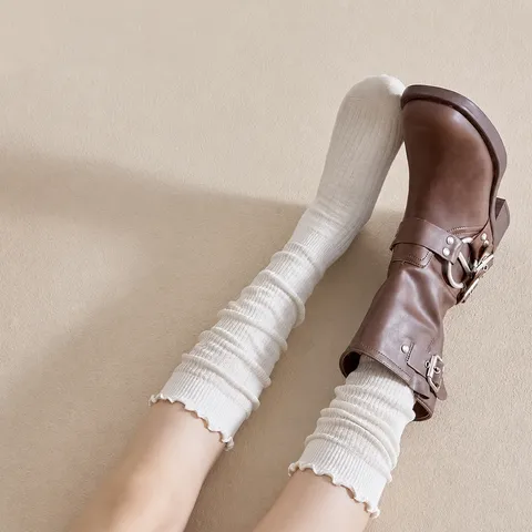Women Ruffle Lettuce Edge Slouch Socks Japanese JK Mid Calf Boots Long Socks Cotton Blend Fashion Hosiery