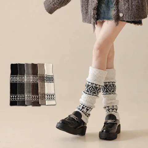 Damen Winter Warm Fair Isle Gestrickte Beinwärmer Slouchy Lange Stiefelsocken Japanischer College Stil Casual Weiche Beinabdeckung