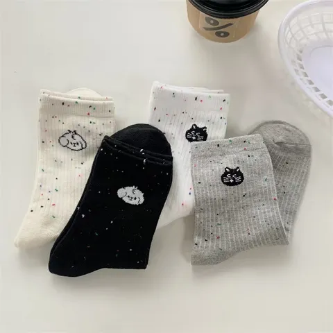 Women Cute Cartoon Puppy Cat Jacquard Speckled Yarn Mid Tube Socks Breathable Sweet Casual Daily Wear Fashion Hosiery