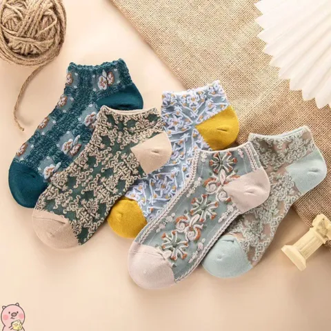 Damen Vintage Palast Relief Kurze Socken Frühling Sommer Atmungsaktiv Floral Füßlinge