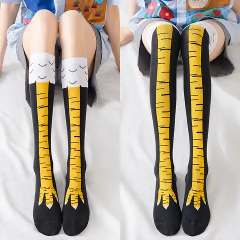 Damen Lustige Hühnerfüße Druck Über Knie Langsocken Neuheit Süß Lässig Schweißableitend Polyester Oberschenkelhohe Socken