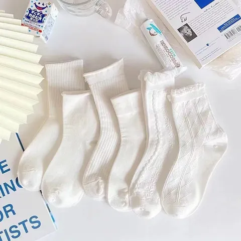 Damen Casual Weiße Mittelhohe Socken Sommer Dünn Atmungsaktiv Einfarbig Rüschenspitze JK Stil Mode Strumpfwaren
