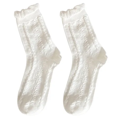 Damen Casual Weiße Mittelhohe Socken Sommer Dünn Atmungsaktiv Einfarbig Rüschenspitze JK Stil Mode Strumpfwaren