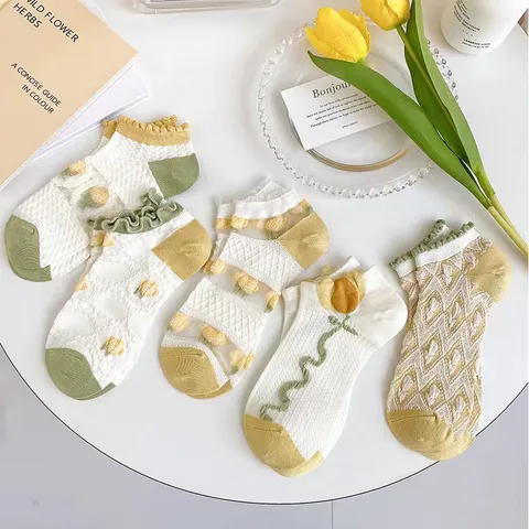 Damen Frühling Sommer Dünn Atmungsaktiv Mesh Socken Süß Japanisch Tulpe Blumen Stickerei Spitze Rüsche Casual Kurzsocken