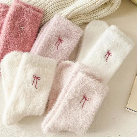 Damen Winter Warme Verdickte Nerzsamt Wadenstrümpfe Süße Schleife Weiche Casual Zuhause Schlaf-Socken