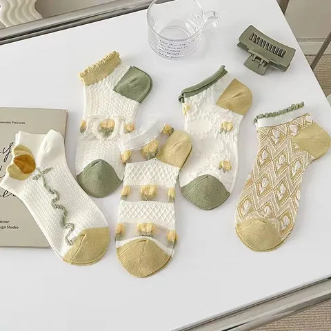 Damen Frühling Sommer Dünn Atmungsaktiv Mesh Socken Süß Japanisch Tulpe Blumen Stickerei Spitze Rüsche Casual Kurzsocken