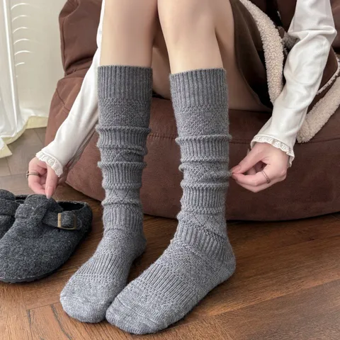 Calcetines de Pantorrilla de Cachemira Gruesos para Mujer Invierno Cálido Patrón de Rombos Tejidos Tubo Largo Medias de Moda