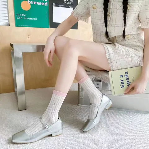 Damen Casual Japanischer Stil Mesh Ausschnitt Bonbonfarbe Wadenlange Socken Atmungsaktiv Sommer Dünn Bunte Fußbekleidung