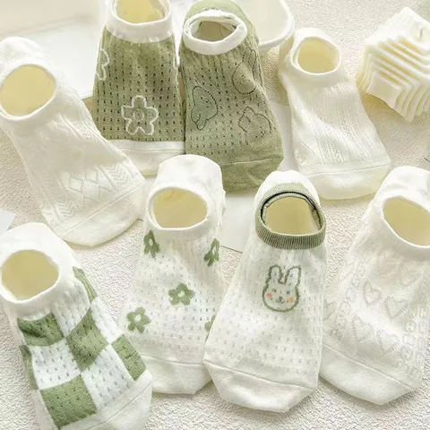 Damen Sommer Dünnes Netz Atmungsaktiv Niedrig Geschnittene Socken Japanisch Süß Stil Farbblock Süß Kaninchen Floral Versteckte Bootssocken