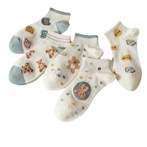 Damen Süß Cartoon Bär Druck Kurze Socken Japanischer Stil Low Cut Bootssocken