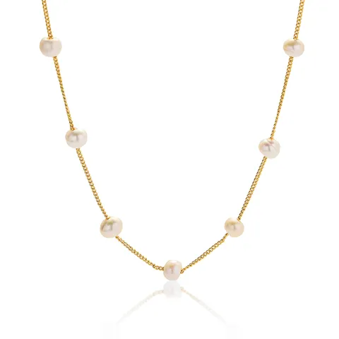 French Retro Freshwater Pearl Gypsophila Necklace For Women Titanium Steel Gold Plated Clavicle Chain Elegant Jewelry
