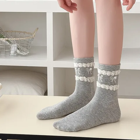 Women Cute Bowknot Pearl Crew Socks Sweet Preppy Style Cotton Casual Solid Color Fashion Mid Tube Socks