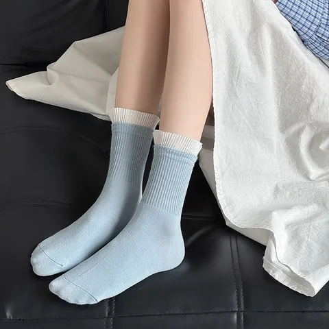 Γυναικείες Casual Κάλτσες Μέσης Γάμπας από Βαμβάκι Γλυκό Βολάν Ribbed Μανσέτα Μονόχρωμες