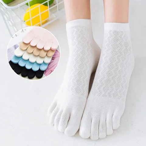 Women Summer Breathable Mesh Toe Socks Solid Color Cotton Short Tube Five Finger Socks Casual Comfort Footwear