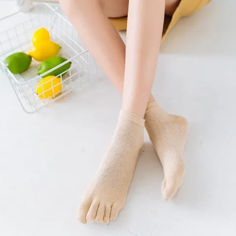 Women Summer Breathable Mesh Toe Socks Solid Color Cotton Short Tube Five Finger Socks Casual Comfort Footwear