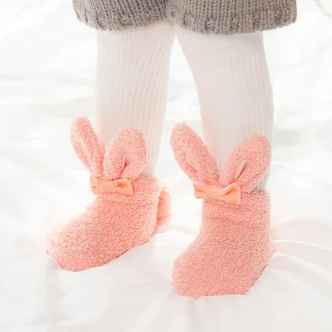 Toddler Baby Coral Fleece Non Slip Mid Tube Socks Cute 3D Bunny Ears Bow Infant Socks Winter Warm Kids Socks