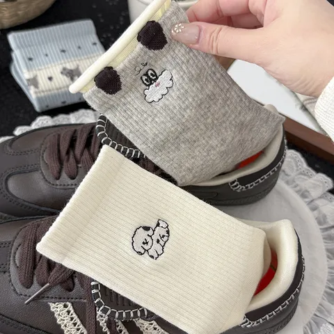 Women Cute Cartoon Dog Embroidery Mid-Calf Cotton Socks Casual Breathable Comfortable Daily Wear