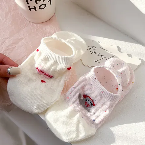 Women Cute Cartoon Embroidery Stripe Invisible Boat Socks Breathable Non-Slip Low Cut Short Socks Summer Daily Footwear