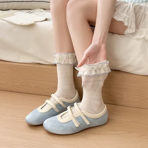 Women Casual Combed Cotton Slouch Socks Japanese Vintage Solid Color Floral Lace Trim Long Tube Stockings Fashion Hosiery