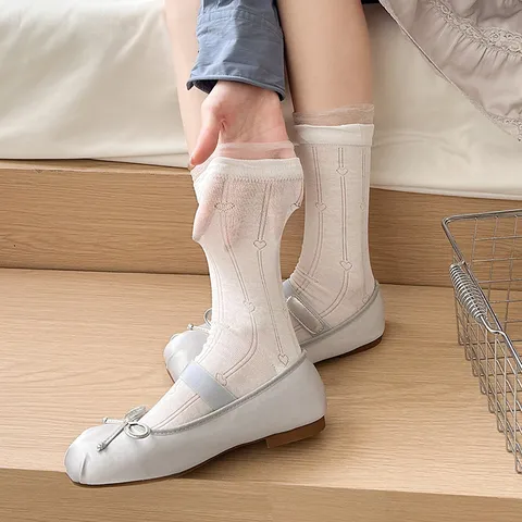 Women Combed Cotton Crew Socks Summer Thin Lace Trim Hollow Out Ballet Style Sweet Cute Casual Daily Mid-Calf Socks