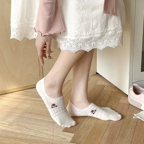 Women Cute Cartoon Embroidery Stripe Invisible Boat Socks Breathable Non-Slip Low Cut Short Socks Summer Daily Footwear