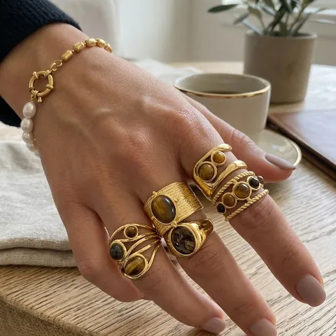 Französischer Vintage Edelstahl Tigerauge Ring Damen Offener Verstellbarer Geometrischer Ring Modeschmuck Fingerring Geschenk