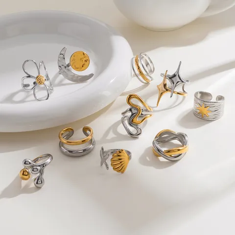 Edelstahl Offener Ring Für Damen Gold Silber Zweifarbig Geometrisch Retro Kreativ Verstellbar Mode Fingerring Schmuck