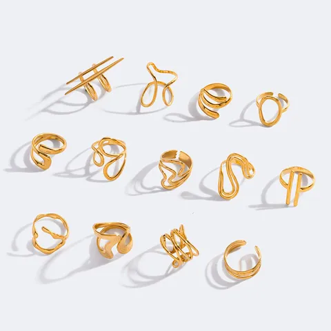 Minimalistischer Edelstahl Offener Ring Für Damen Vergoldet Geometrisch Gewellt Kreuz Ovale Linien Modeschmuck