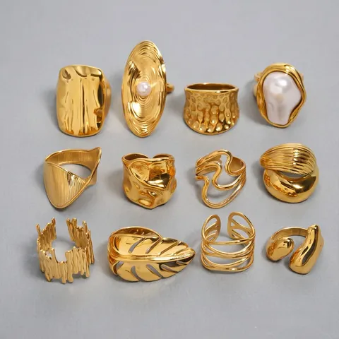 Bague Ouverte en Acier Inoxydable pour Femmes Vintage Français Plaqué Or 18K Perle Géométrique Bijou de Doigt Résistant à l'Eau