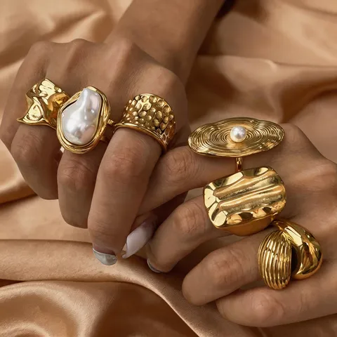 Bague Ouverte en Acier Inoxydable pour Femmes Vintage Français Plaqué Or 18K Perle Géométrique Bijou de Doigt Résistant à l'Eau