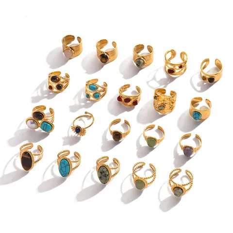 Europäischer Retro Edelstahl Naturstein Offener Ring Vintage Gold Textur Mode Finger Schmuck Geschenk Für Damen