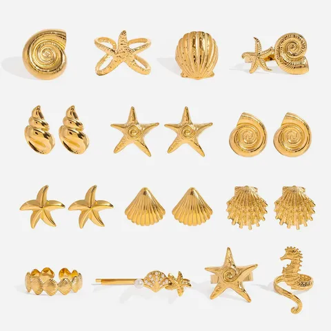 Edelstahl Offener Ring Seestern Muschel Vergoldet Minimalistisch Urlaubsstil Modeschmuck