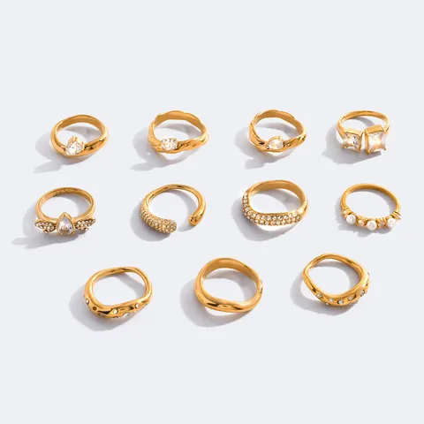 Gold Edelstahl Ring Set Für Frauen Geometrisch Strass Künstliche Perle Offene Ringe Modeschmuck Geschenk