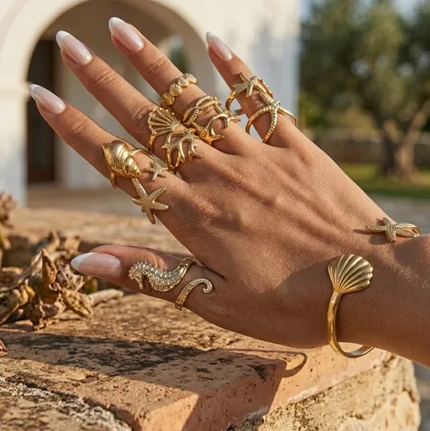 Edelstahl Offener Ring Seestern Muschel Vergoldet Minimalistisch Urlaubsstil Modeschmuck